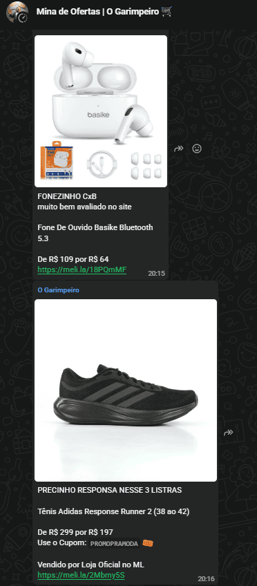 Captura real de ofertas publicadas no grupo do Garimpeiro